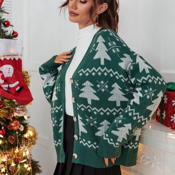 Christmas Tree Pattern Drop Shoulder V Neck Cardigan - Picture 3 of 11